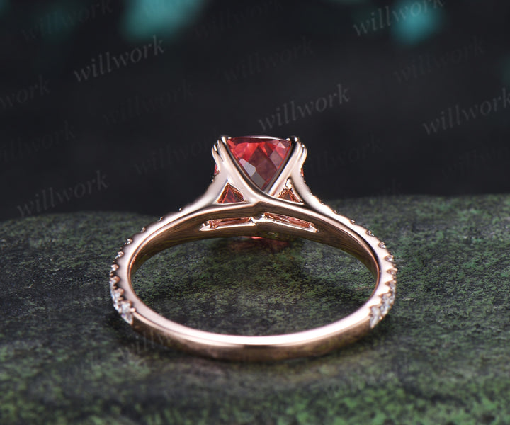 Cushion Cut Padparadscha Engagement Ring Split Shank Moissanite Half Eternity Ring Unique Pink Sapphire Wedding Ring
