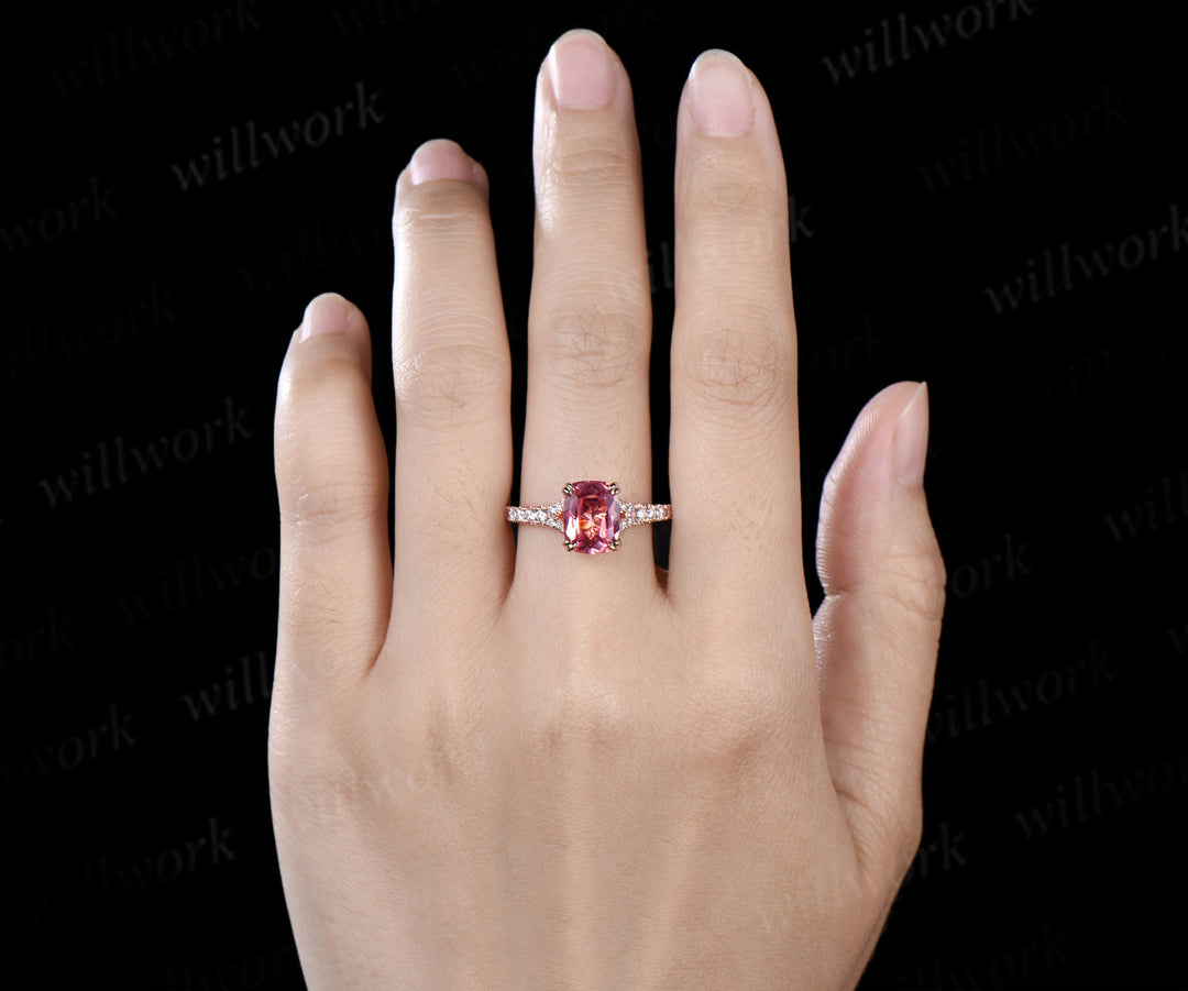 Cushion Cut Padparadscha Engagement Ring Split Shank Moissanite Half Eternity Ring Unique Pink Sapphire Wedding Ring