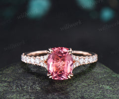 Cushion Cut Padparadscha Engagement Ring Split Shank Moissanite Half Eternity Ring Unique Pink Sapphire Wedding Ring