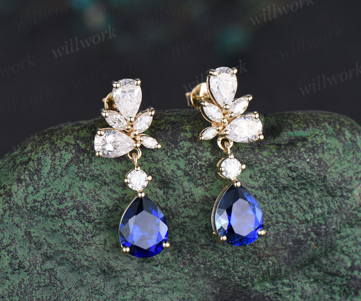 Pear cut blue sapphire earrings solid 14k white gold cluster diamond opal drop earrings women jewelry anniversary gift for her