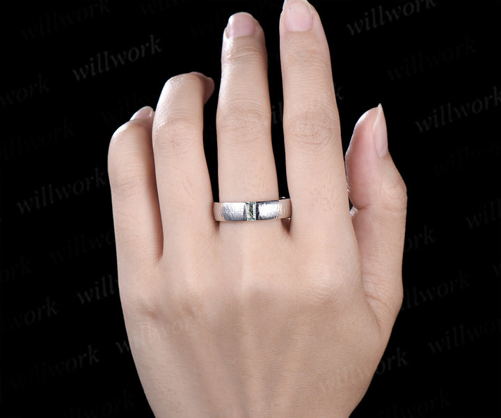 Oval Moss Agate Alexandrite Moss Agate Clusters Ring Set & Baguette Moss Agate Hammered Men Wedding Ring Enchanting Couple Ring Set