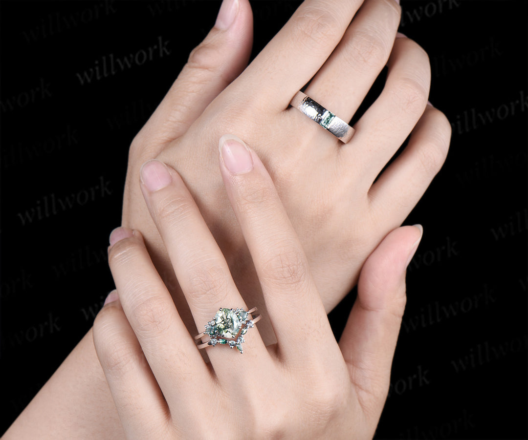 Oval Moss Agate Alexandrite Moss Agate Clusters Ring Set & Baguette Moss Agate Hammered Men Wedding Ring Enchanting Couple Ring Set