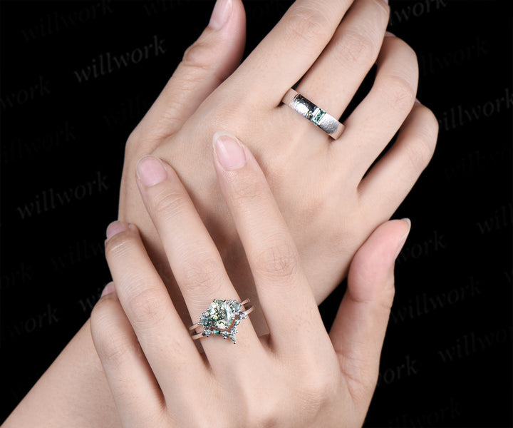 Oval Moss Agate Alexandrite Moss Agate Clusters Ring Set & Baguette Moss Agate Hammered Men Wedding Ring Enchanting Couple Ring Set