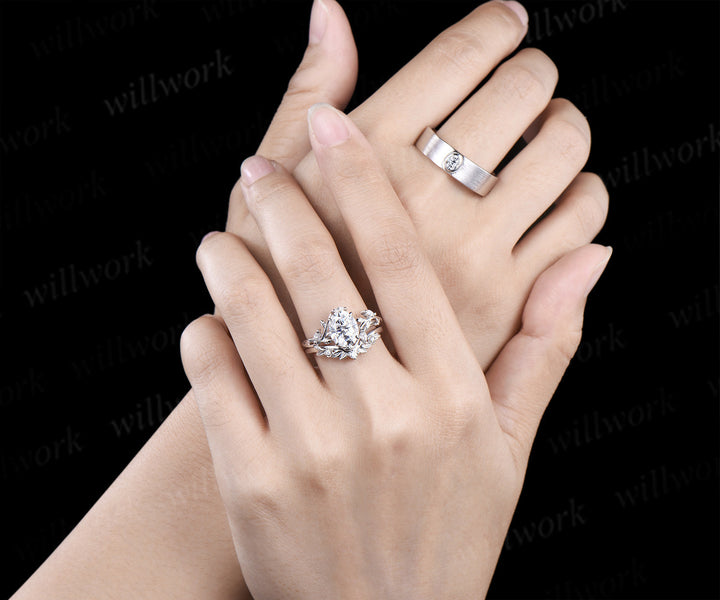 Oval Cut Moissanite Leaf Floral Ring Set & Brushed Finish Solitaire Men Wedding Ring Nature Inspired Couple Ring Set