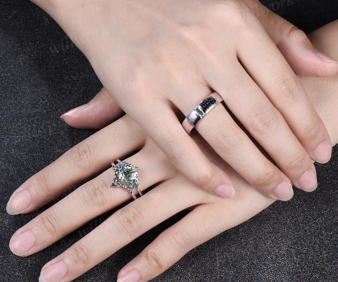 Oval Moss Agate Alexandrite Moss Agate Clusters Ring Set & Baguette Moss Agate Hammered Men Wedding Ring Enchanting Couple Ring Set