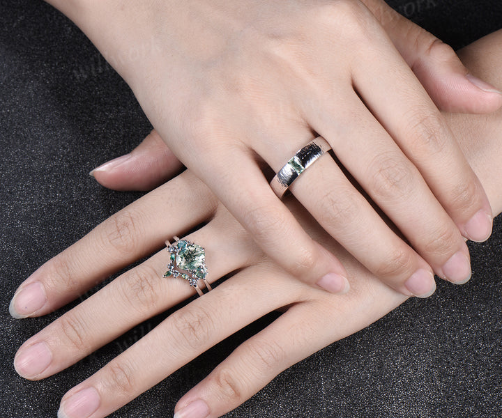 Oval Moss Agate Alexandrite Moss Agate Clusters Ring Set & Baguette Moss Agate Hammered Men Wedding Ring Enchanting Couple Ring Set