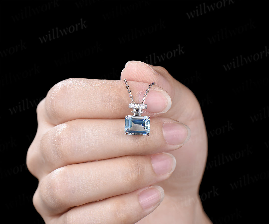 East to west emerald cut aquamarine perfume bottle necklace gemstone pendant wedding anniversary gifts for her
