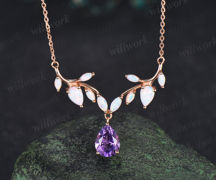 Teardrop amethyst leaf necklace nature inspired marquise opal twig pendant rose gold unique crystal necklace wedding anniversary gifts