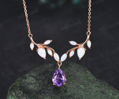 Teardrop amethyst leaf necklace nature inspired marquise opal twig pendant rose gold unique crystal necklace wedding anniversary gifts