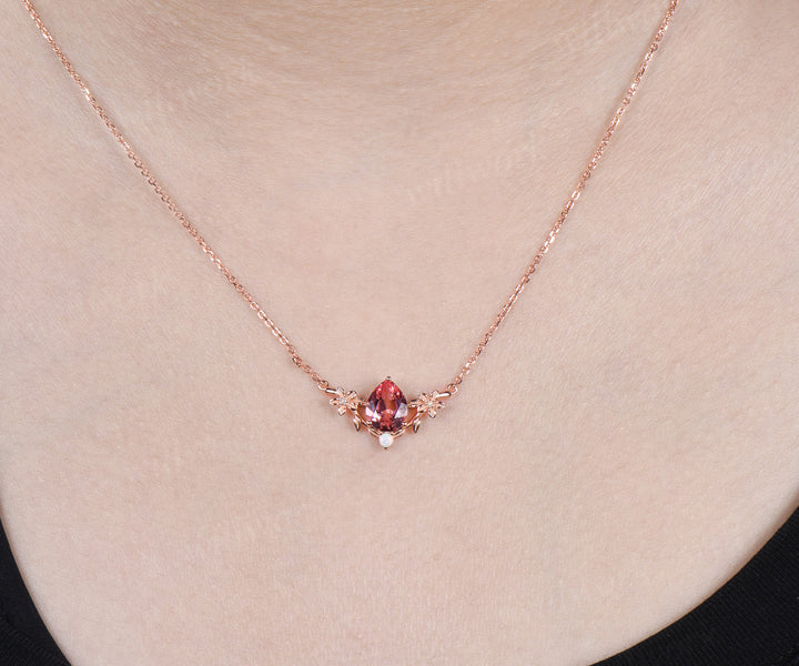 Pear cut padparadscha pendant necklace flower opals twig leaf pendant nature inspired pink sapphire necklace