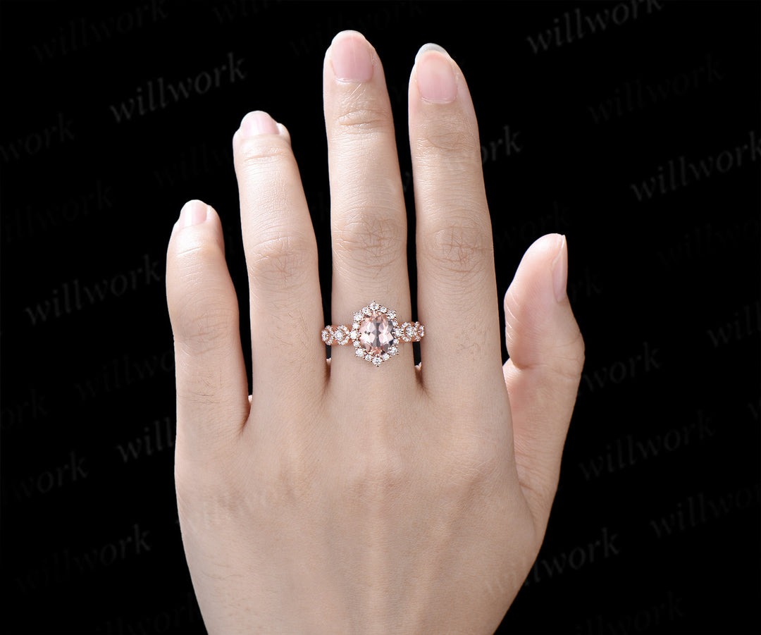 Vintage oval cut morganite engagement ring art deco halo moissanite wedding ring promise anniversary gifts