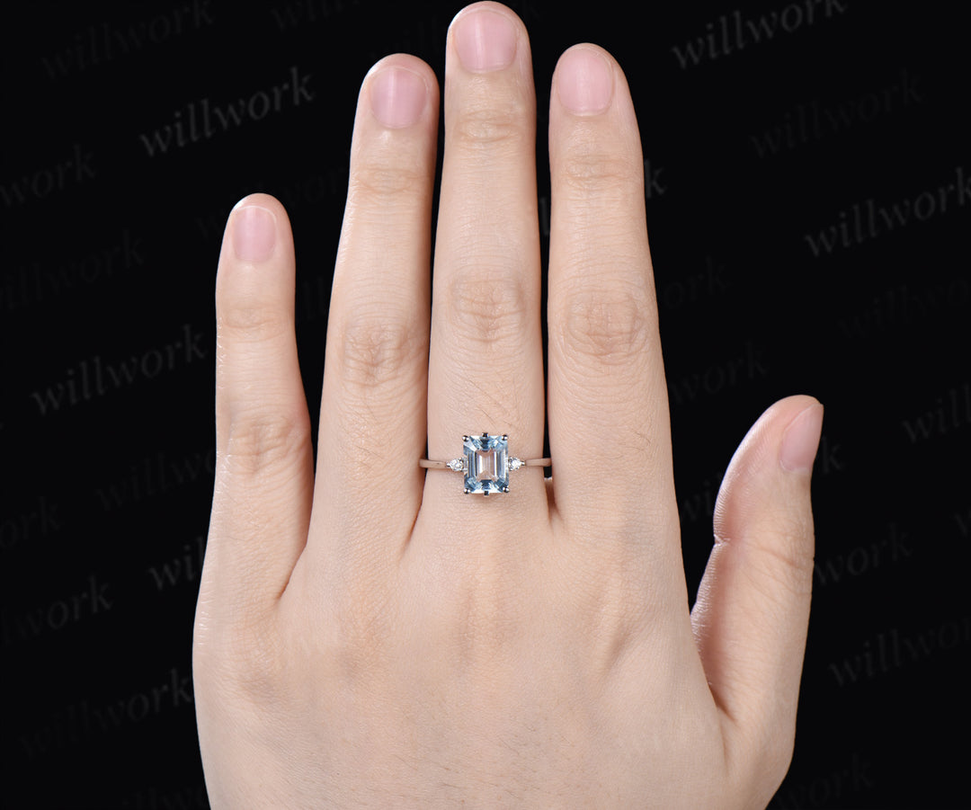 Emerald Cut Aquamarine Engagement Ring Three Stone Moissanite Ring March Birthstone Gift