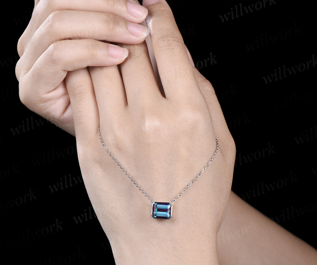 Bezel emerald cut alexandrite pendant minimalist solitare pendant necklace June birthstone gifts for women