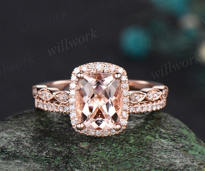Vintage cushion cut morganite engagement ring set diamond halo milgrain half eternity wedding ring art deco bridal set