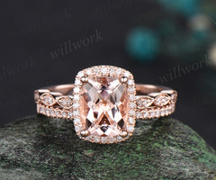 Vintage cushion cut morganite engagement ring set diamond halo milgrain half eternity wedding ring art deco bridal set