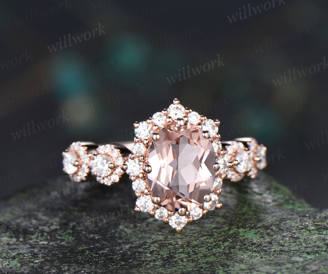 Vintage oval cut morganite engagement ring art deco halo moissanite wedding ring promise anniversary gifts