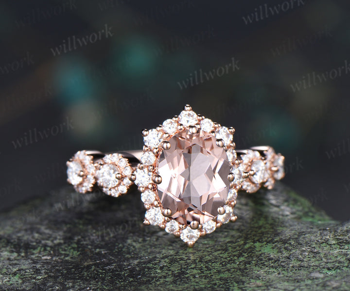 Vintage oval cut morganite engagement ring art deco halo moissanite wedding ring promise anniversary gifts