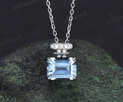 East to west emerald cut aquamarine perfume bottle necklace gemstone pendant wedding anniversary gifts for her