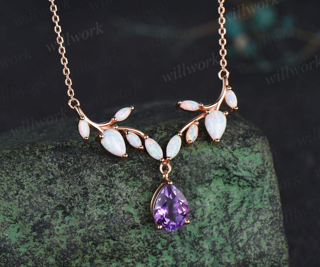 Teardrop amethyst leaf necklace nature inspired marquise opal twig pendant rose gold unique crystal necklace wedding anniversary gifts
