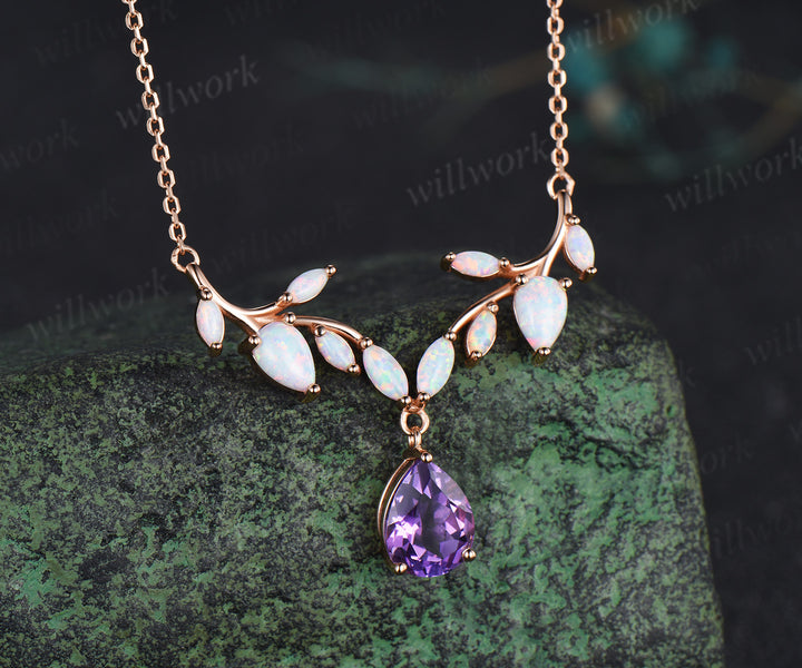 Teardrop amethyst leaf necklace nature inspired marquise opal twig pendant rose gold unique crystal necklace wedding anniversary gifts