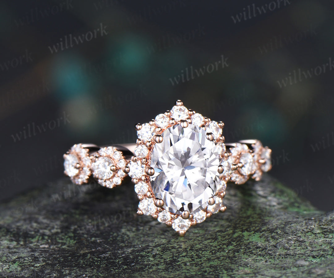 Vintage oval cut moissanite engagement ring art deco unique halo moissanite wedding women ring
