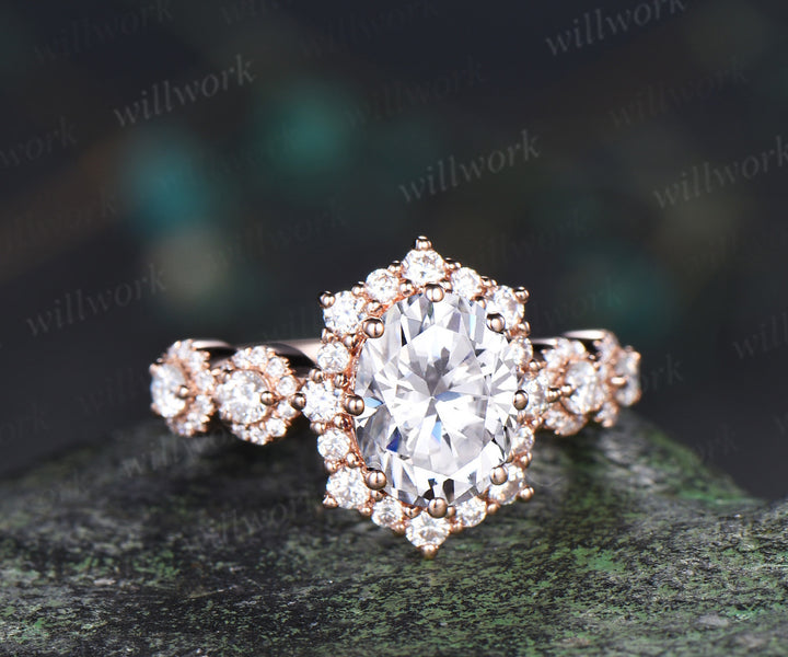 Vintage oval cut moissanite engagement ring art deco unique halo moissanite wedding women ring