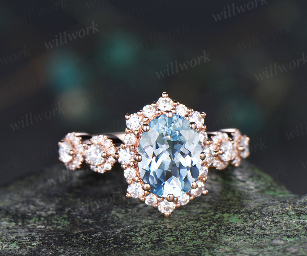 Vintage oval aquamarine engagement ring art deco moissanite halo wedding ring promise anniversary ring