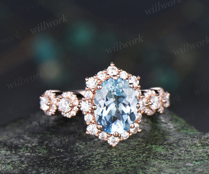 Vintage oval aquamarine engagement ring art deco moissanite halo wedding ring promise anniversary ring