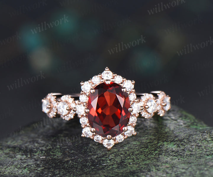 Vintage oval garnet engagement ring art deco multi halo moissanite wedding ring unique bridal ring