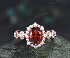 Vintage oval garnet engagement ring art deco multi halo moissanite wedding ring unique bridal ring