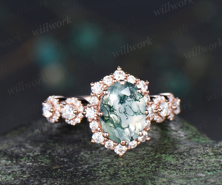 Vintage oval cue moss agate engagement ring art deco unique halo moissanite bridal ring