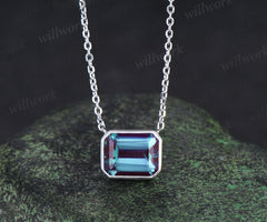 Bezel emerald cut alexandrite pendant minimalist solitare pendant necklace June birthstone gifts for women