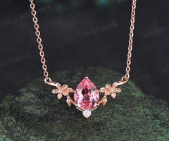 Pear cut padparadscha pendant necklace flower opals twig leaf pendant nature inspired pink sapphire necklace