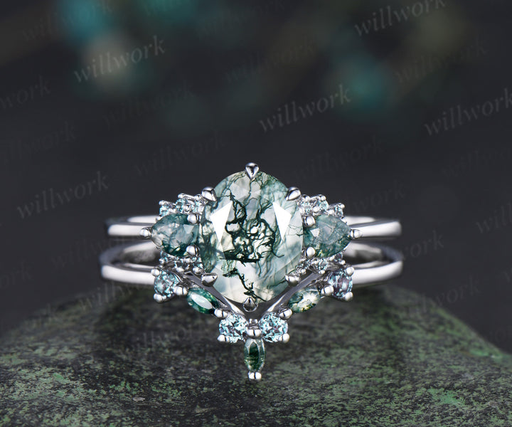 Oval Moss Agate Alexandrite Moss Agate Clusters Ring Set & Baguette Moss Agate Hammered Men Wedding Ring Enchanting Couple Ring Set