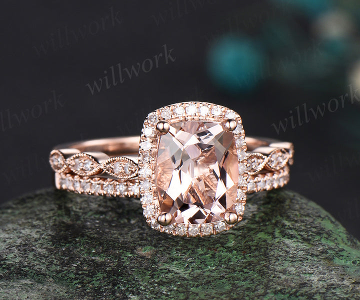 Vintage cushion cut morganite engagement ring set diamond halo milgrain half eternity wedding ring art deco bridal set