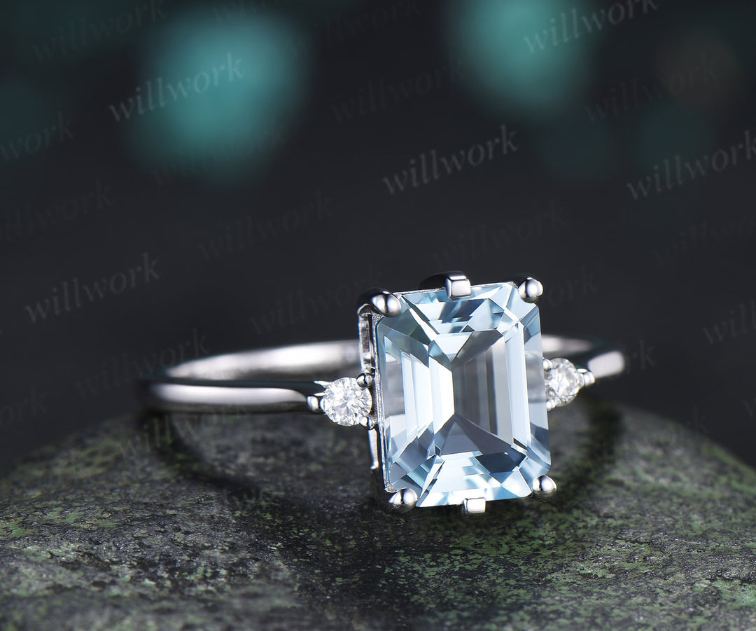 Emerald Cut Aquamarine Engagement Ring Three Stone Moissanite Ring March Birthstone Gift