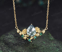 Nature inspired pear moss agate pendant necklace unique leaf rose marquise emerald yellow gold pendant wedding anniversary gifts
