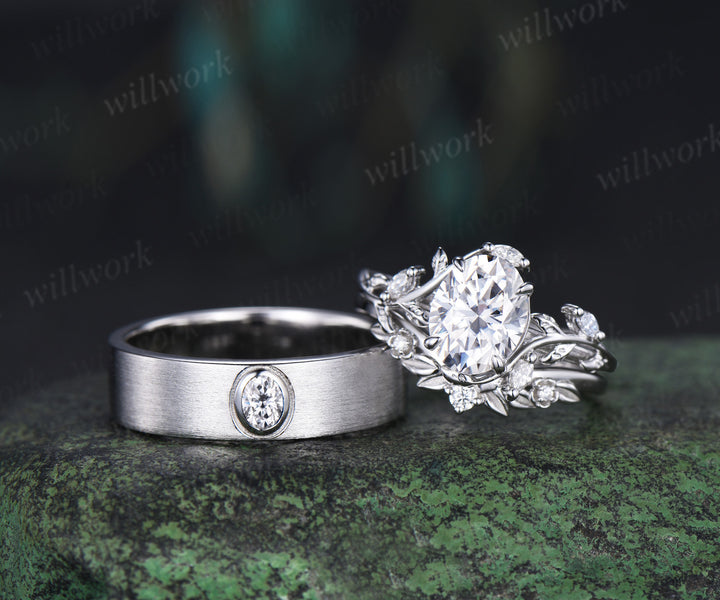 Oval Cut Moissanite Leaf Floral Ring Set & Brushed Finish Solitaire Men Wedding Ring Nature Inspired Couple Ring Set