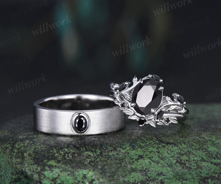 Oval Cut Black Onyx Leaf Vine Froral Ring Set & Solitaire Black Onyx Brushed Finish Men Wedding Ring Couple Ring Set