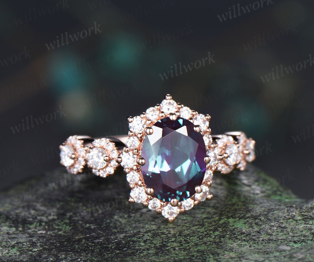 Retro oval cut alexandrite engagement ring art deco multi halo moissanite wedding ring unique bridal ring