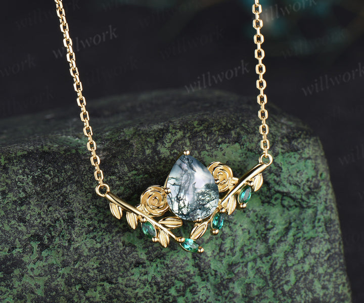 Nature inspired pear moss agate pendant necklace unique leaf rose marquise emerald yellow gold pendant wedding anniversary gifts