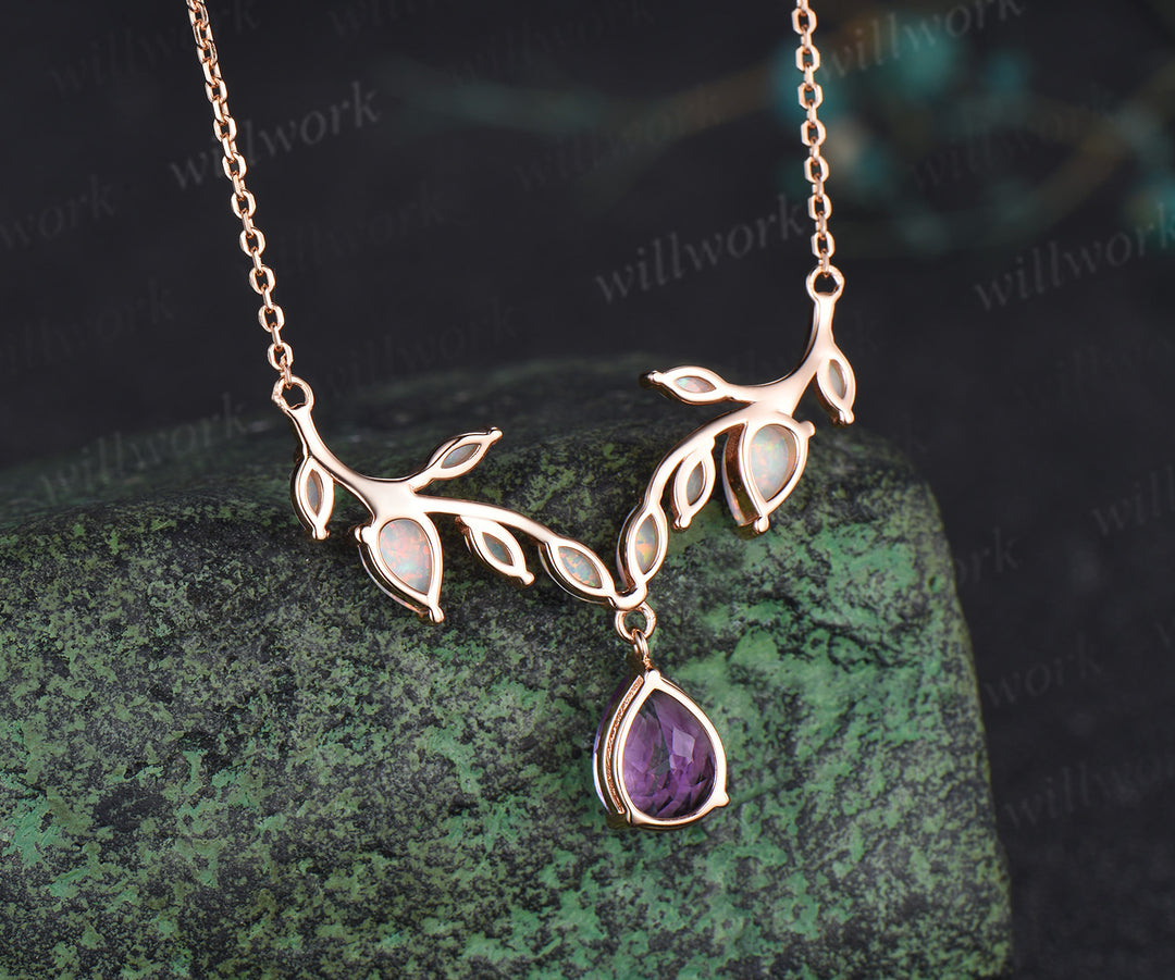 Teardrop amethyst leaf necklace nature inspired marquise opal twig pendant rose gold unique crystal necklace wedding anniversary gifts