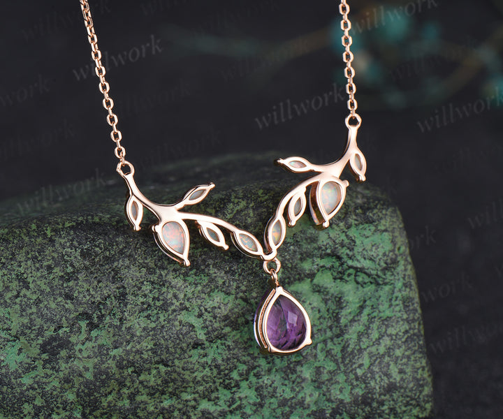 Teardrop amethyst leaf necklace nature inspired marquise opal twig pendant rose gold unique crystal necklace wedding anniversary gifts