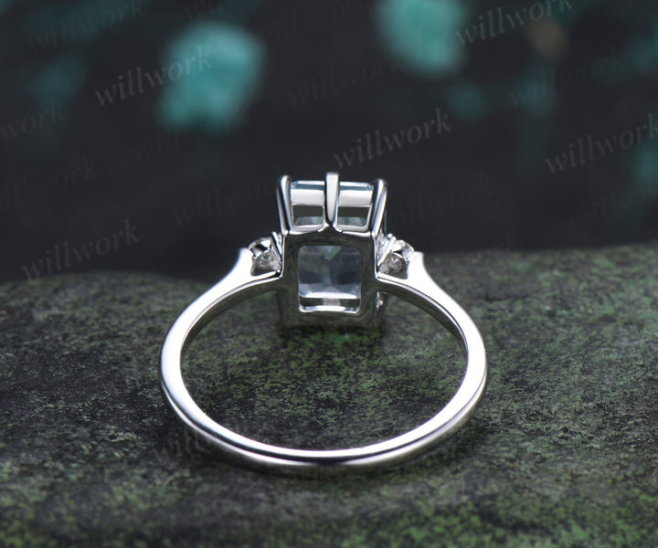 Emerald Cut Aquamarine Engagement Ring Three Stone Moissanite Ring March Birthstone Gift