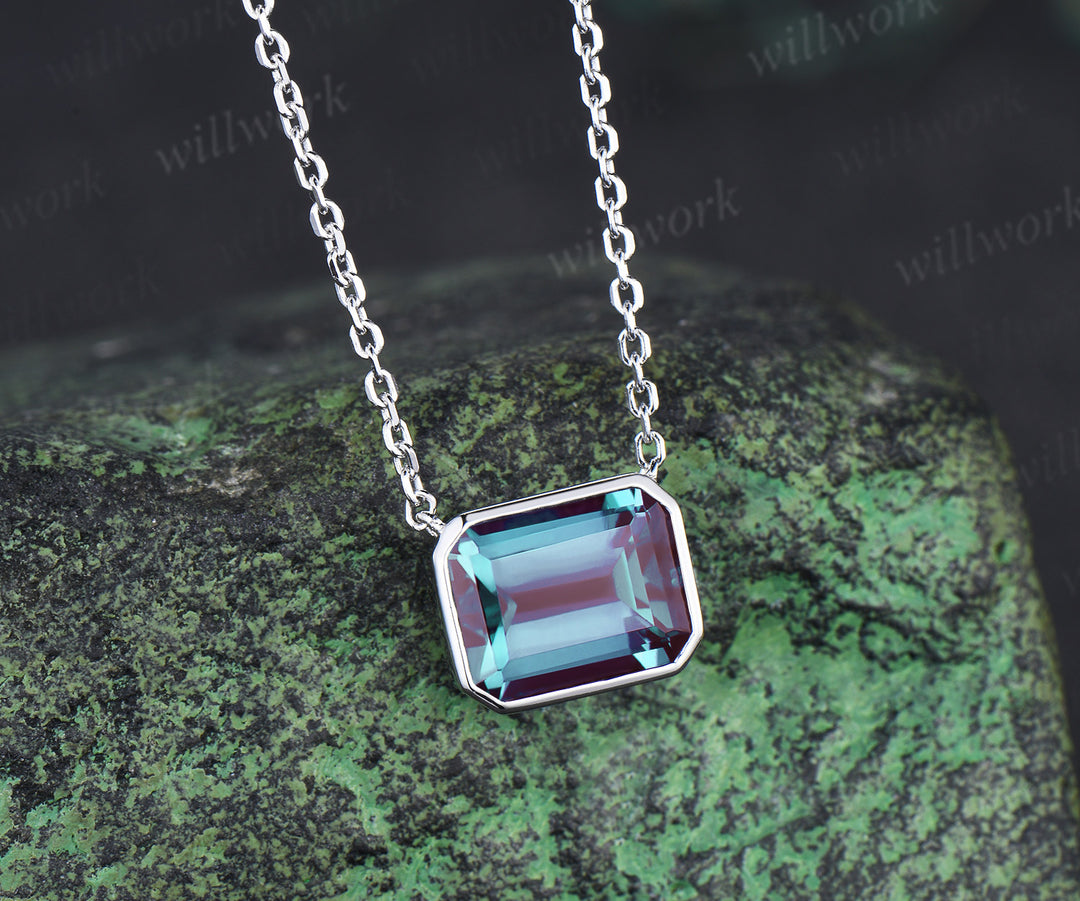 Bezel emerald cut alexandrite pendant minimalist solitare pendant necklace June birthstone gifts for women