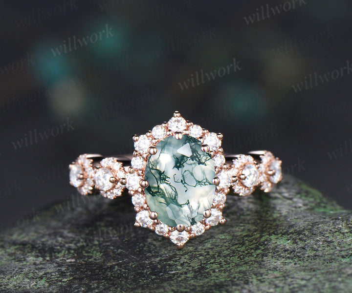 Vintage oval cue moss agate engagement ring art deco unique halo moissanite bridal ring