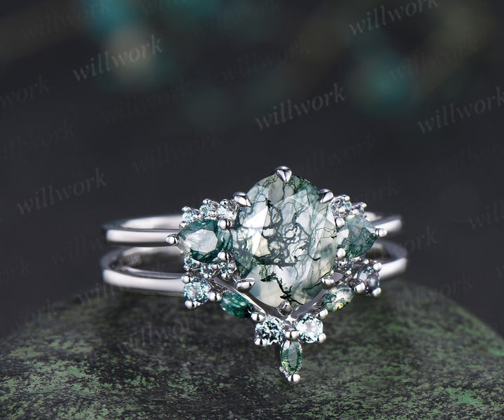 Oval Moss Agate Alexandrite Moss Agate Clusters Ring Set & Baguette Moss Agate Hammered Men Wedding Ring Enchanting Couple Ring Set