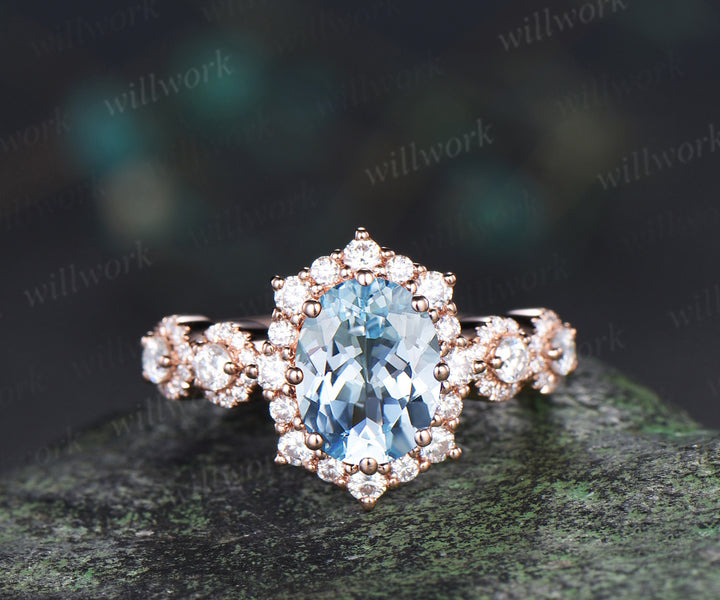 Vintage oval aquamarine engagement ring art deco moissanite halo wedding ring promise anniversary ring