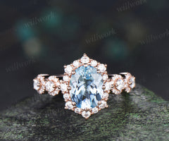 Vintage oval aquamarine engagement ring art deco moissanite halo wedding ring promise anniversary ring