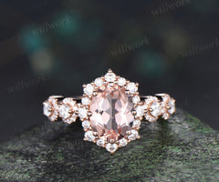 Vintage oval cut morganite engagement ring art deco halo moissanite wedding ring promise anniversary gifts